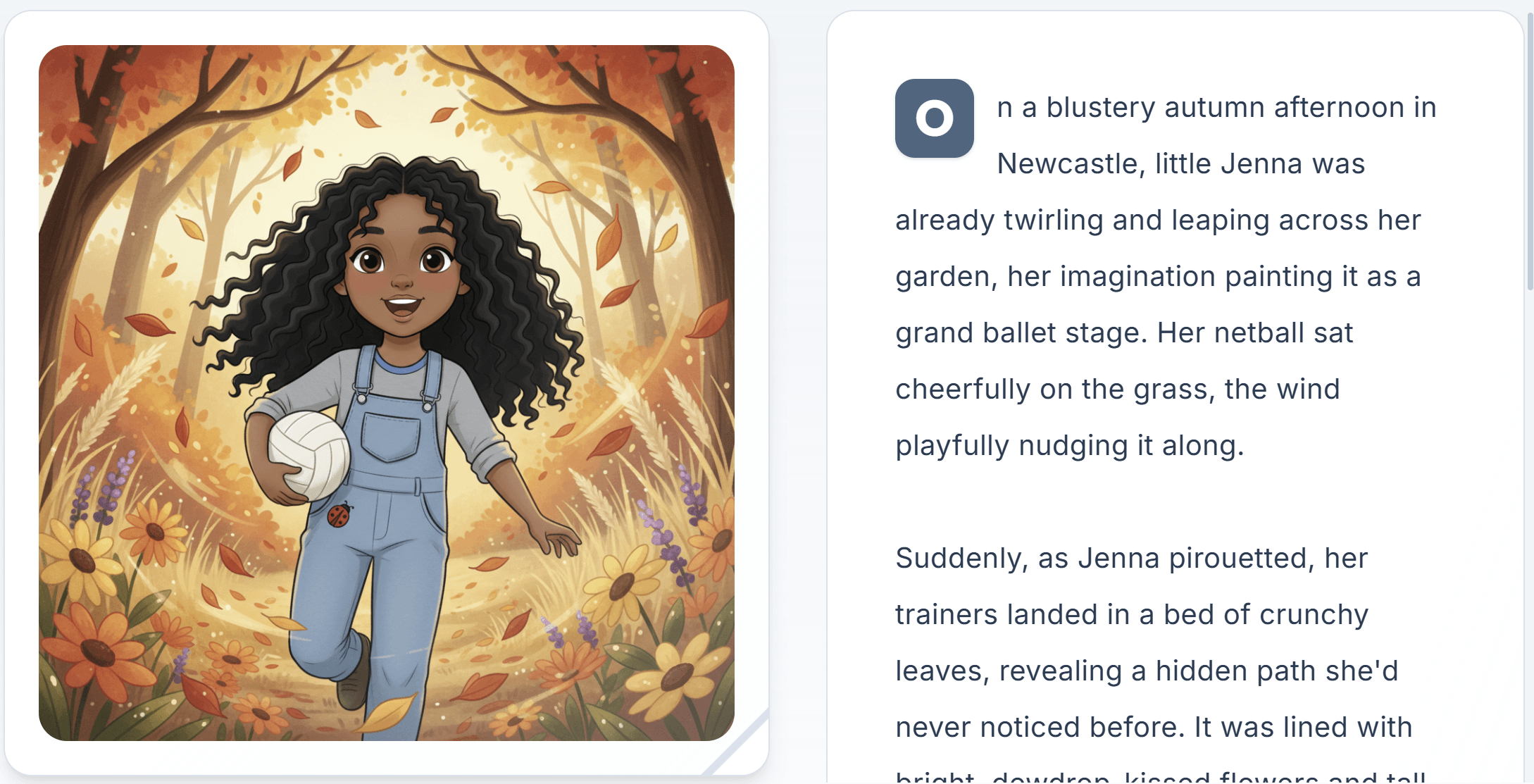 Personalised bedtime story showing Jenna's autumn adventure in Newcastle with watercolour illustration