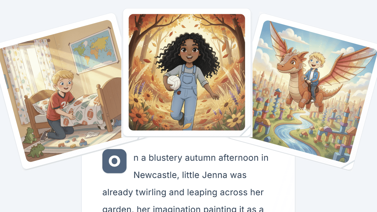 Sleepybook story in reading view — a hand-drawn-style illustration of a child's personalised adventure, with story text below