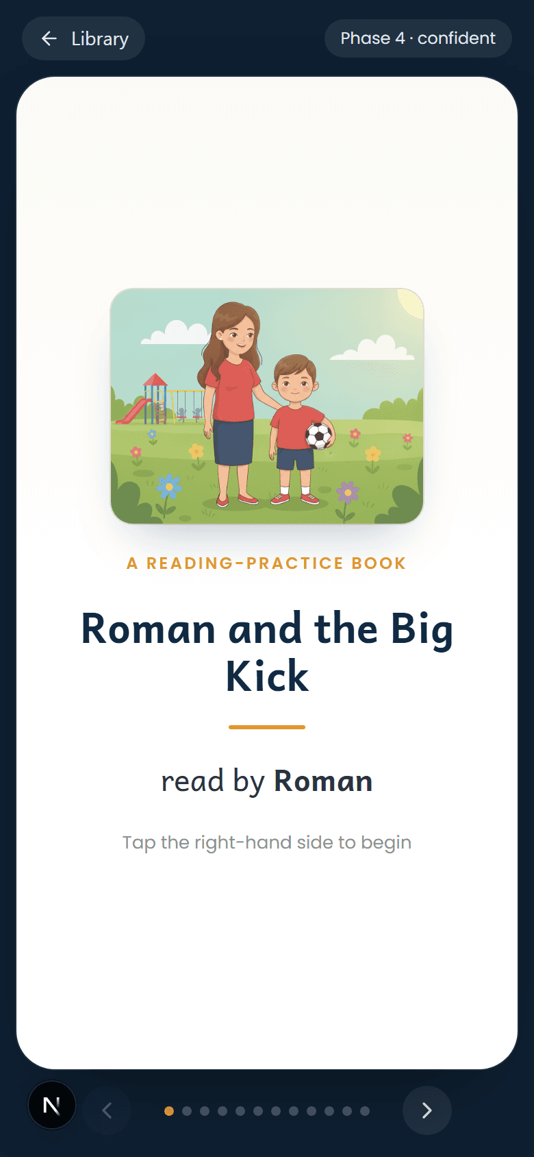 Learning book cover: 'Roman and the Big Kick' — a reading-practice book read by Roman