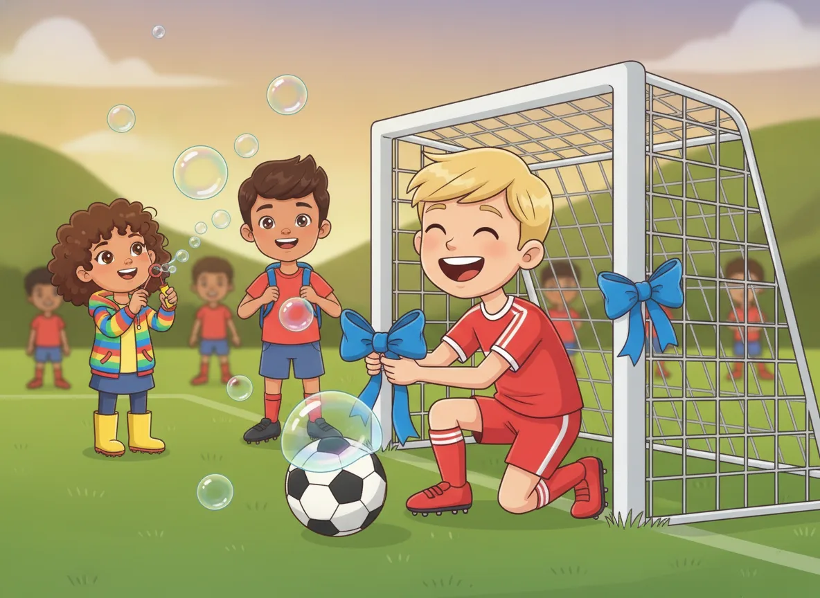 The same blond boy in the same red kit tying a blue ribbon to a goalpost, clearly the same child as the opening page