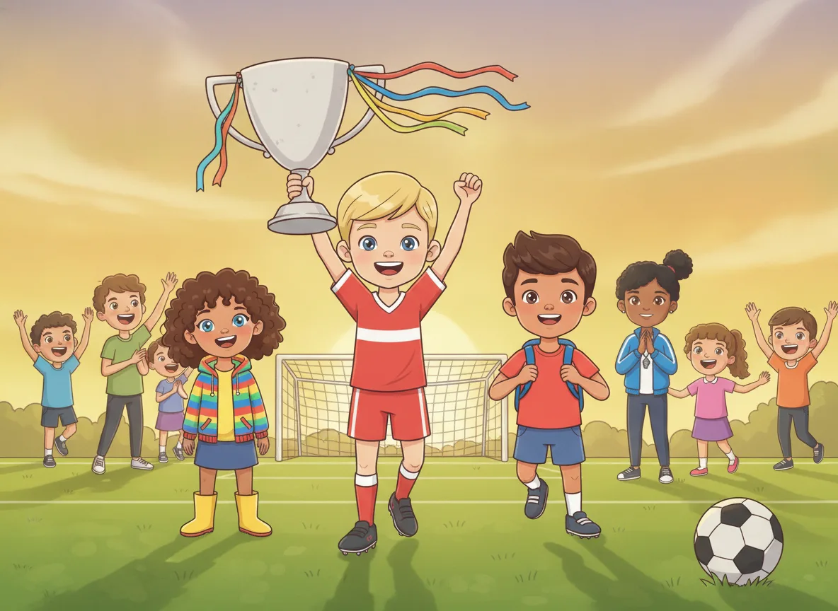 The same blond boy in the same red kit lifting a trophy at sunset, still unmistakably the same child