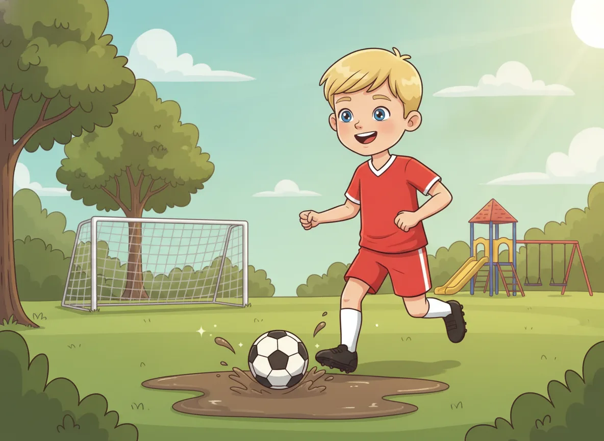 Cartoon illustration of Roman, a blond five-year-old in a red football kit, dribbling a football through a muddy park